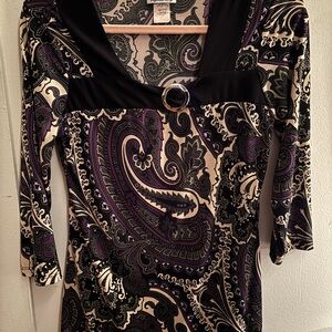 Black, Purple, and White Sheath Dress with 3/4 Sleeves and Scoop Neck
